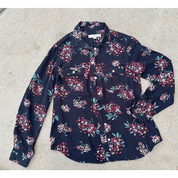 Ann Taylor LOFT grey floral blouse S long sleeve top shirt button up work office - Picture 2 of 5